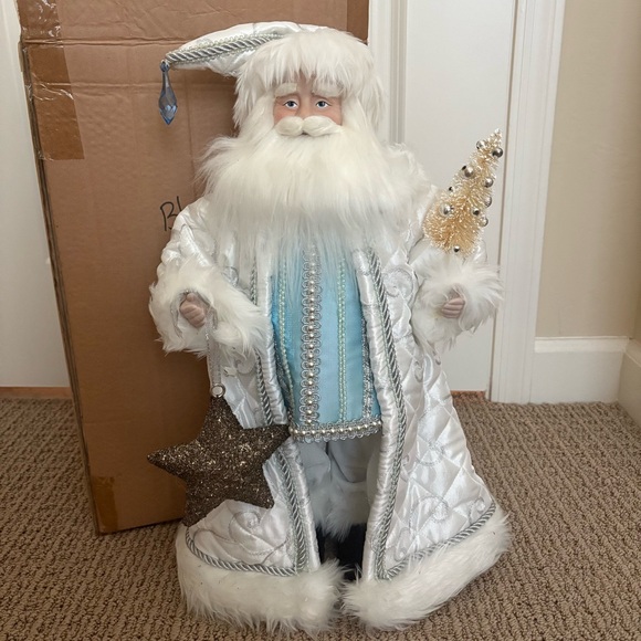 Elegant Blue Pastel 19” inch Tall Standing Fabric & Porcelain Santa - Picture 1 of 8